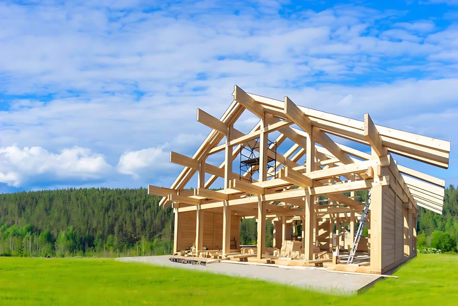 Wood Prices: Country house under construction. Housing far from the city. Rural properties. Estate investment. Suburban construction. Construction of wooden cottages.